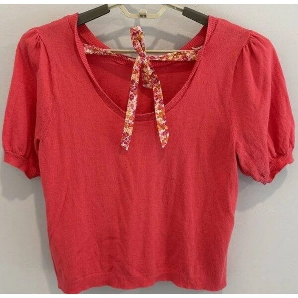 J Crew Womens Coral Pink Short Puff Sleeve Cotton Sweater Floral Back Neck Tie M
